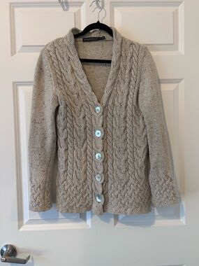 Irish Cable Knit Wool Button-Front Sweater Cardigan - Light Beige
